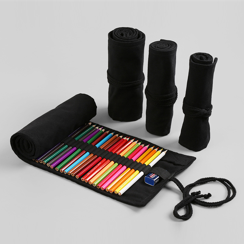 Case With Pencil Holder - 12/24/36/48/72Hole Black Cloth Pencil Case Stationery